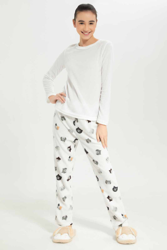 Redtag-Girls-White-Microfleece-Sets-Category:Pyjama-Sets,-Colour:White,-Deals:New-In,-Dept:Girls,-Filter:Senior-Girls-(8-to-14-Yrs),-GSR-Pyjama-Sets,-New-In-GSR-APL,-Non-Sale,-S23A,-Section:Girls-(0-to-14Yrs)-Senior-Girls-