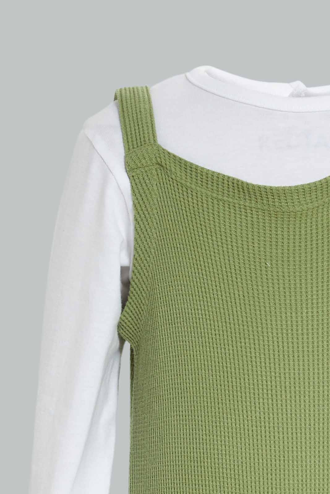 Redtag-2Pc-Waffle-Dungaree-And-Ls-Tshirt-Boy-Green-Category:Rompers,-Colour:Assorted,-Deals:New-In,-Dept:New-Born,-Filter:Baby-(0-to-12-Mths),-NBF-Rompers,-New-In-NBF-APL,-Non-Sale,-S23A,-Section:Boys-(0-to-14Yrs)-Baby-0 to 12 Months