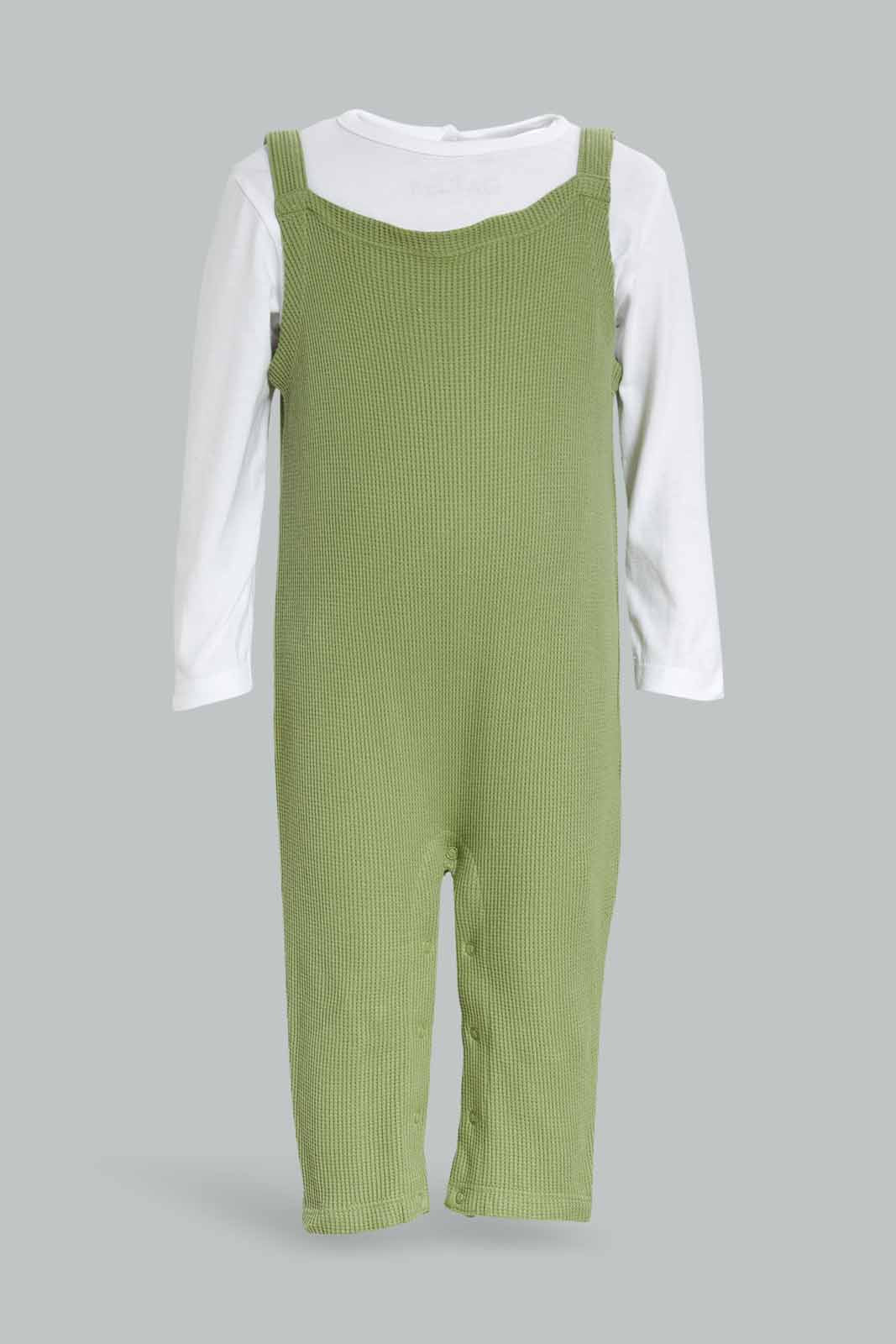 Redtag-2Pc-Waffle-Dungaree-And-Ls-Tshirt-Boy-Green-Category:Rompers,-Colour:Assorted,-Deals:New-In,-Dept:New-Born,-Filter:Baby-(0-to-12-Mths),-NBF-Rompers,-New-In-NBF-APL,-Non-Sale,-S23A,-Section:Boys-(0-to-14Yrs)-Baby-0 to 12 Months