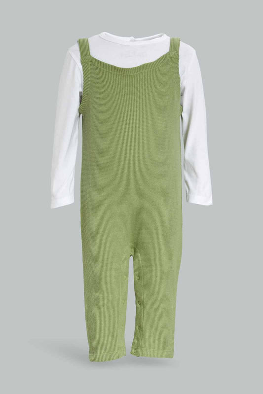 Redtag-2Pc-Waffle-Dungaree-And-Ls-Tshirt-Boy-Green-Category:Rompers,-Colour:Assorted,-Deals:New-In,-Dept:New-Born,-Filter:Baby-(0-to-12-Mths),-NBF-Rompers,-New-In-NBF-APL,-Non-Sale,-S23A,-Section:Boys-(0-to-14Yrs)-Baby-0 to 12 Months