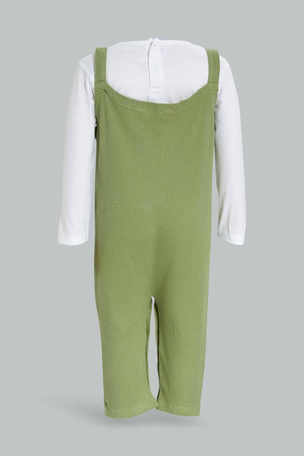 Redtag-2Pc-Waffle-Dungaree-And-Ls-Tshirt-Boy-Green-Category:Rompers,-Colour:Assorted,-Deals:New-In,-Dept:New-Born,-Filter:Baby-(0-to-12-Mths),-NBF-Rompers,-New-In-NBF-APL,-Non-Sale,-S23A,-Section:Boys-(0-to-14Yrs)-Baby-0 to 12 Months