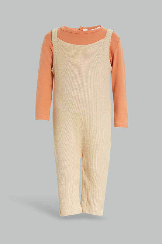 Redtag-Girls-2Pc-Waffle-Dungaree-And-Ls-Tshirt-Girl-Beige-Category:Rompers,-Colour:Assorted,-Deals:New-In,-Dept:New-Born,-Filter:Baby-(0-to-12-Mths),-NBG-Rompers,-New-In-NBG-APL,-Non-Sale,-S23A,-Section:Boys-(0-to-14Yrs)-Baby-0 to 12 Months
