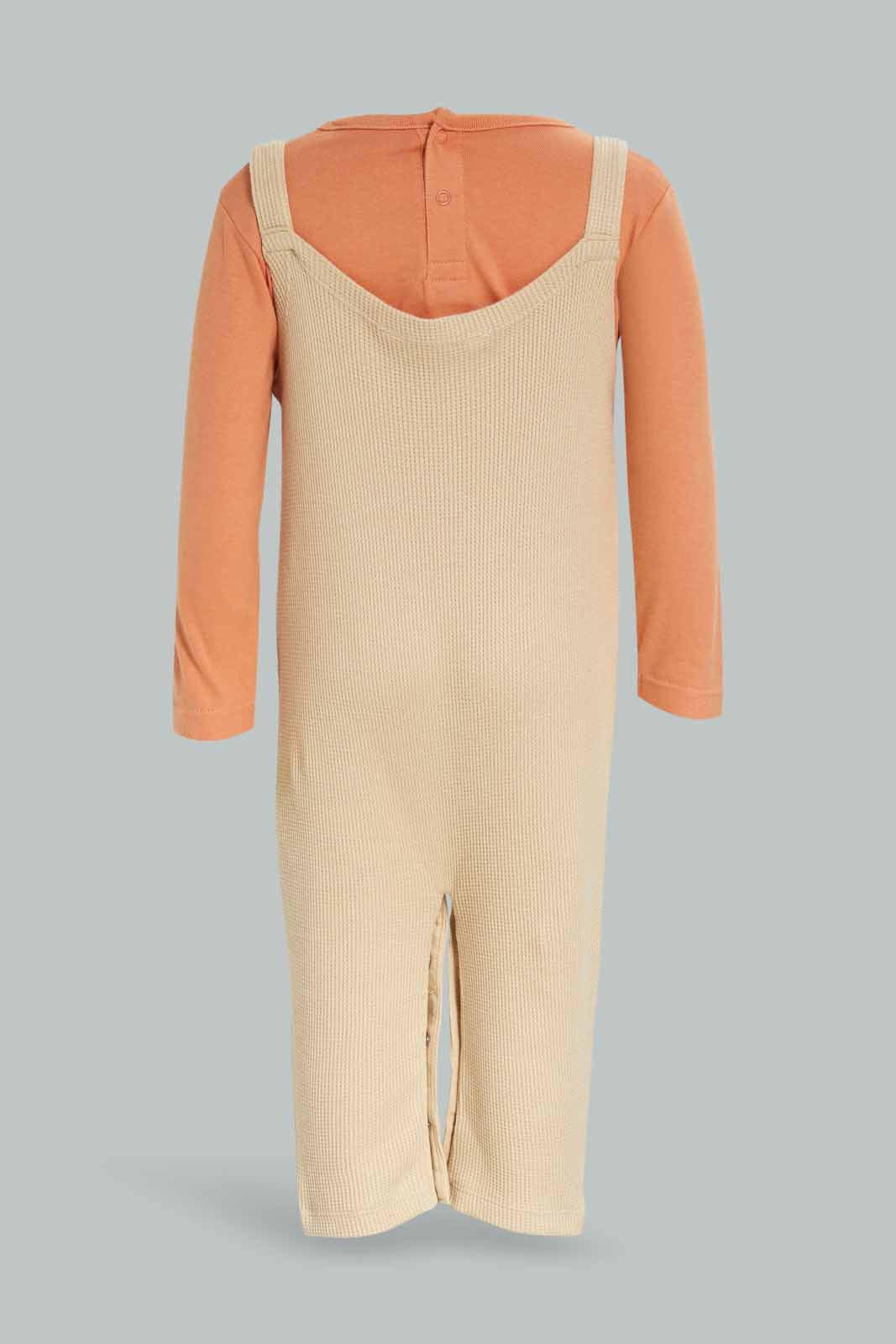 Redtag-Girls-2Pc-Waffle-Dungaree-And-Ls-Tshirt-Girl-Beige-Category:Rompers,-Colour:Assorted,-Deals:New-In,-Dept:New-Born,-Filter:Baby-(0-to-12-Mths),-NBG-Rompers,-New-In-NBG-APL,-Non-Sale,-S23A,-Section:Boys-(0-to-14Yrs)-Baby-0 to 12 Months