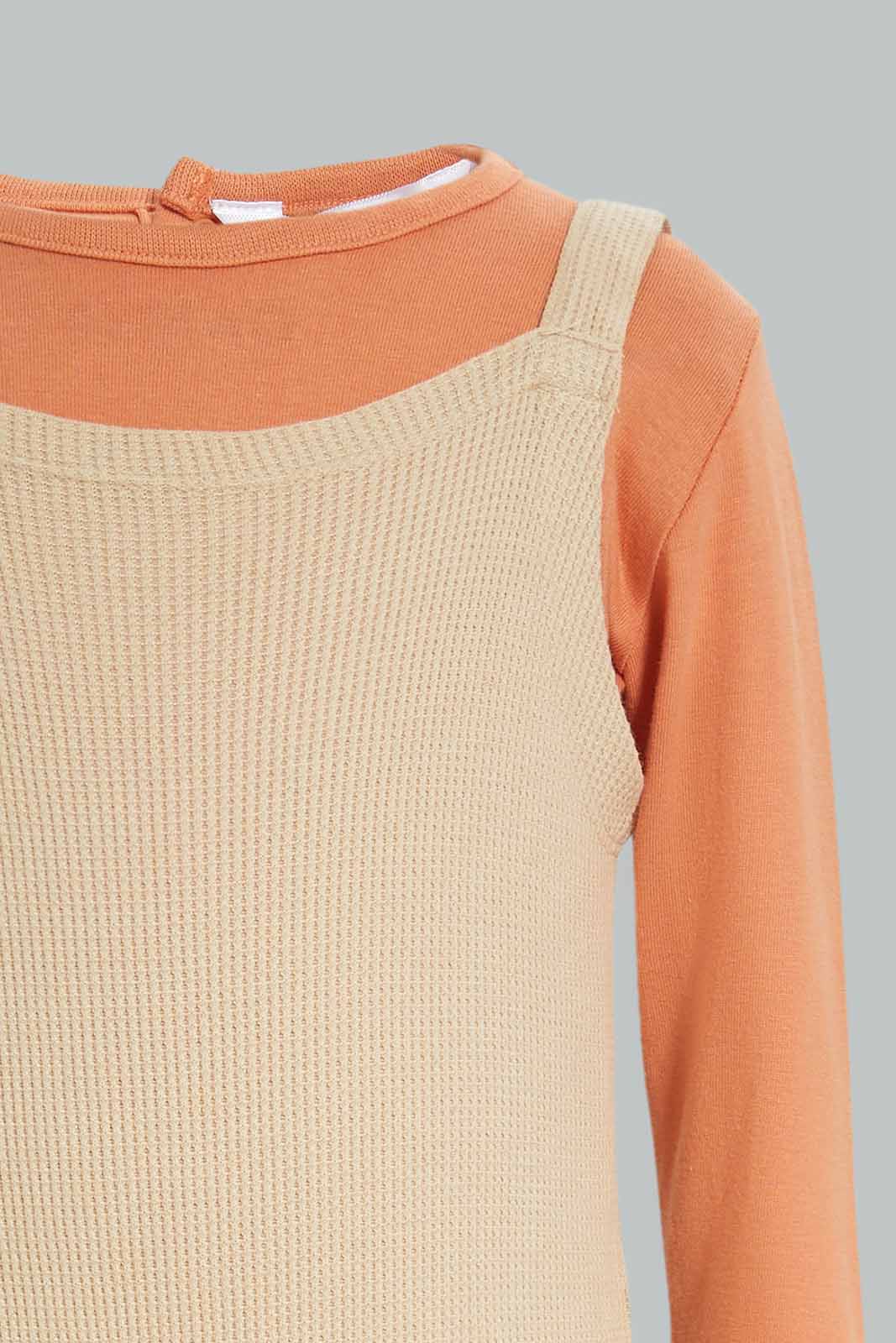 Redtag-Girls-2Pc-Waffle-Dungaree-And-Ls-Tshirt-Girl-Beige-Category:Rompers,-Colour:Assorted,-Deals:New-In,-Dept:New-Born,-Filter:Baby-(0-to-12-Mths),-NBG-Rompers,-New-In-NBG-APL,-Non-Sale,-S23A,-Section:Boys-(0-to-14Yrs)-Baby-0 to 12 Months