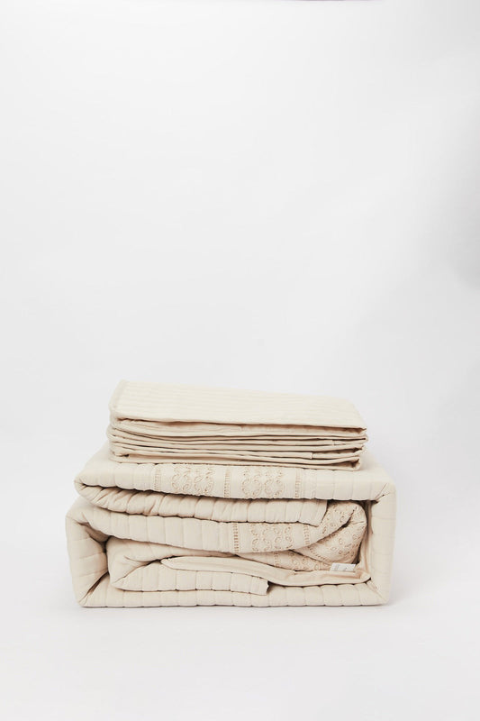 Beige Eyelet Embroidered 3-Pieces Bedspread Set
 (Double Size)