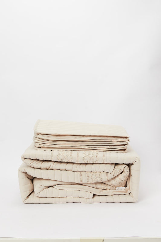 Redtag-Beige-Eyelet-Embroidered-3-Pieces-Bedspread-Set
-(King-Size)-Category:Bedspreads,-Colour:Beige,-Deals:New-In,-Dept:Home,-Filter:Home-Bedroom,-H1:HMW,-H2:BED,-H3:BEC,-H4:BSP,-HMW-BED-Bedspreads,-New-In-HMW-BED,-Non-Sale,-Packs,-Promo:RIVA,-S23B,-Season:S23B,-Section:Homewares,-Set:Set-of-3,-Style:SOLID-Home-Bedroom-