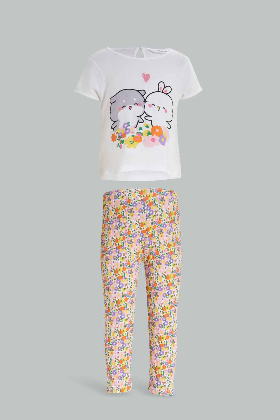 Redtag-Girls-White-Placement-Print-T-Shirt-With-Aop-Ribbed-Legging-Category:Sets,-Colour:White,-Deals:New-In,-Dept:Girls,-Filter:Infant-Girls-(3-to-24-Mths),-ING-Sets,-New-In-ING-APL,-Non-Sale,-S23A,-Section:Girls-(0-to-14Yrs)-Infant-Girls-