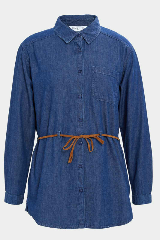 Redtag-Girls-Dark-Wash-Denim-Tunic-Shirt-W/-Belt-Category:Blouses,-Colour:Dark-Wash,-Deals:New-In,-Dept:Girls,-Filter:Senior-Girls-(8-to-14-Yrs),-GSR-Blouses,-New-In-GSR-APL,-Non-Sale,-S23A,-Section:Girls-(0-to-14Yrs)-Senior-Girls-9 to 14 Years