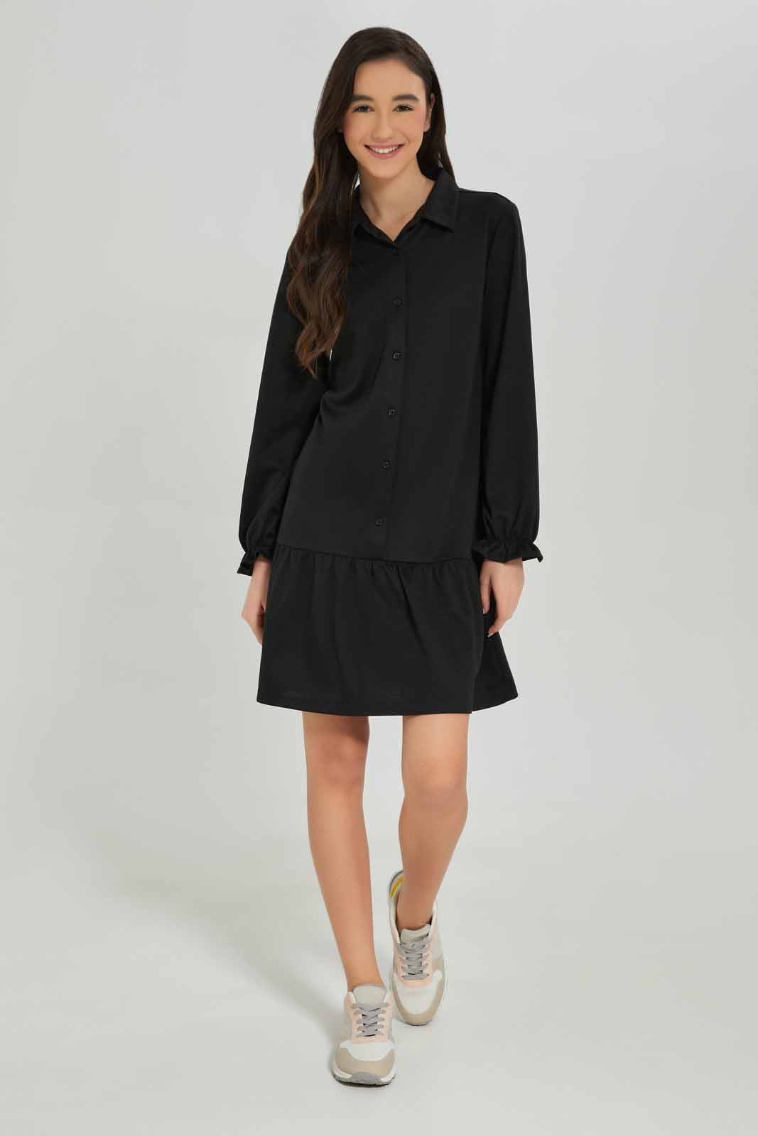 Redtag-Girls-Black-Shirt-Dress-Category:Dresses,-Colour:Black,-Deals:New-In,-Dept:Girls,-Filter:Senior-Girls-(8-to-14-Yrs),-GSR-Dresses,-New-In-GSR-APL,-Non-Sale,-S23A,-Section:Girls-(0-to-14Yrs),-VLM-Senior-Girls-9 to 14 Years