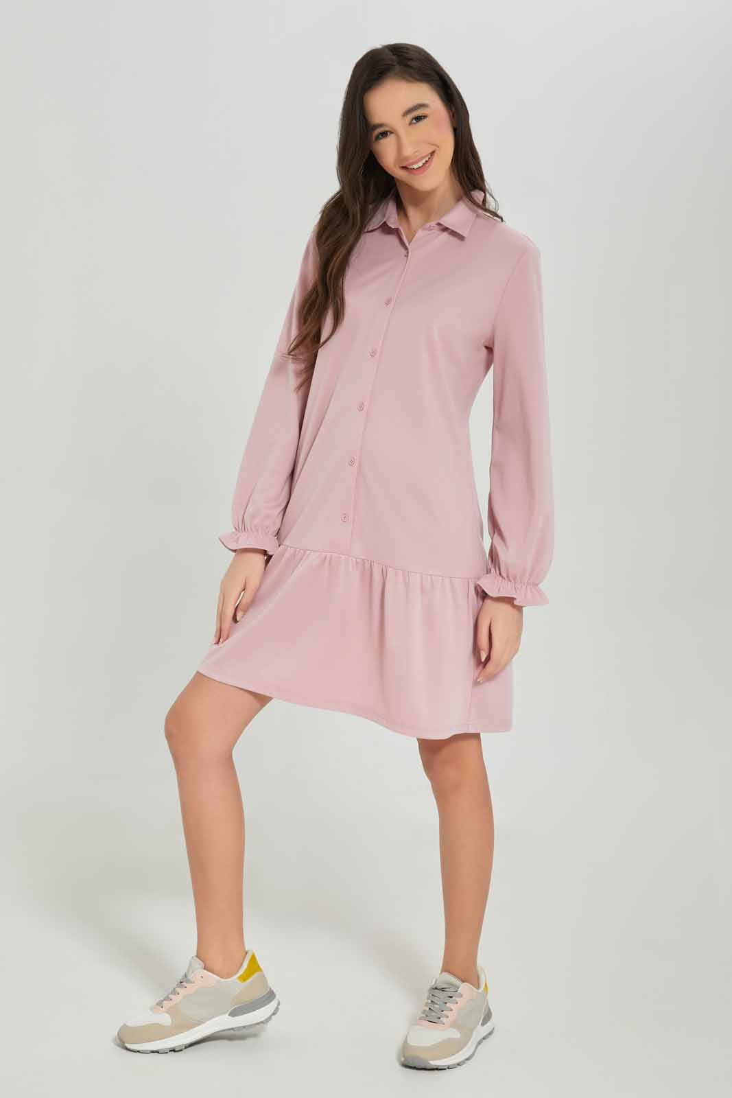 Redtag-Girls-Pink-Shirt-Dress-Category:Dresses,-Colour:Apricot,-Deals:New-In,-Dept:Girls,-Filter:Senior-Girls-(8-to-14-Yrs),-GSR-Dresses,-New-In-GSR-APL,-Non-Sale,-S23A,-Section:Girls-(0-to-14Yrs),-VLM-Senior-Girls-9 to 14 Years