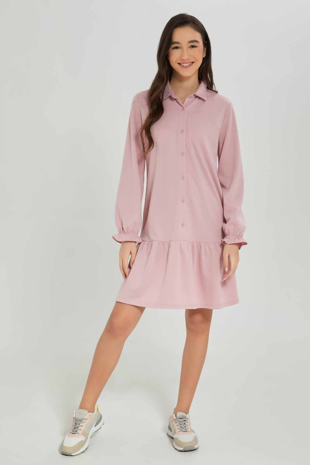 Redtag-Girls-Pink-Shirt-Dress-Category:Dresses,-Colour:Apricot,-Deals:New-In,-Dept:Girls,-Filter:Senior-Girls-(8-to-14-Yrs),-GSR-Dresses,-New-In-GSR-APL,-Non-Sale,-S23A,-Section:Girls-(0-to-14Yrs),-VLM-Senior-Girls-9 to 14 Years