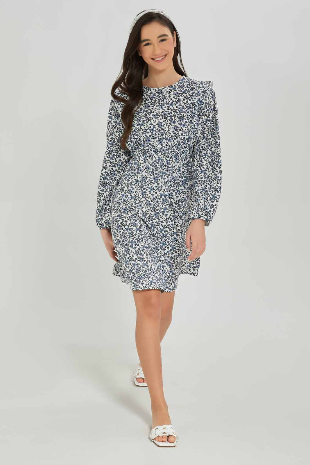 Redtag-Girls-White-L/S-Aop-Dress-Category:Dresses,-Colour:White,-Deals:New-In,-Dept:Girls,-Filter:Senior-Girls-(8-to-14-Yrs),-GSR-Dresses,-New-In-GSR-APL,-Non-Sale,-S23A,-Section:Girls-(0-to-14Yrs),-VLM-Senior-Girls-9 to 14 Years