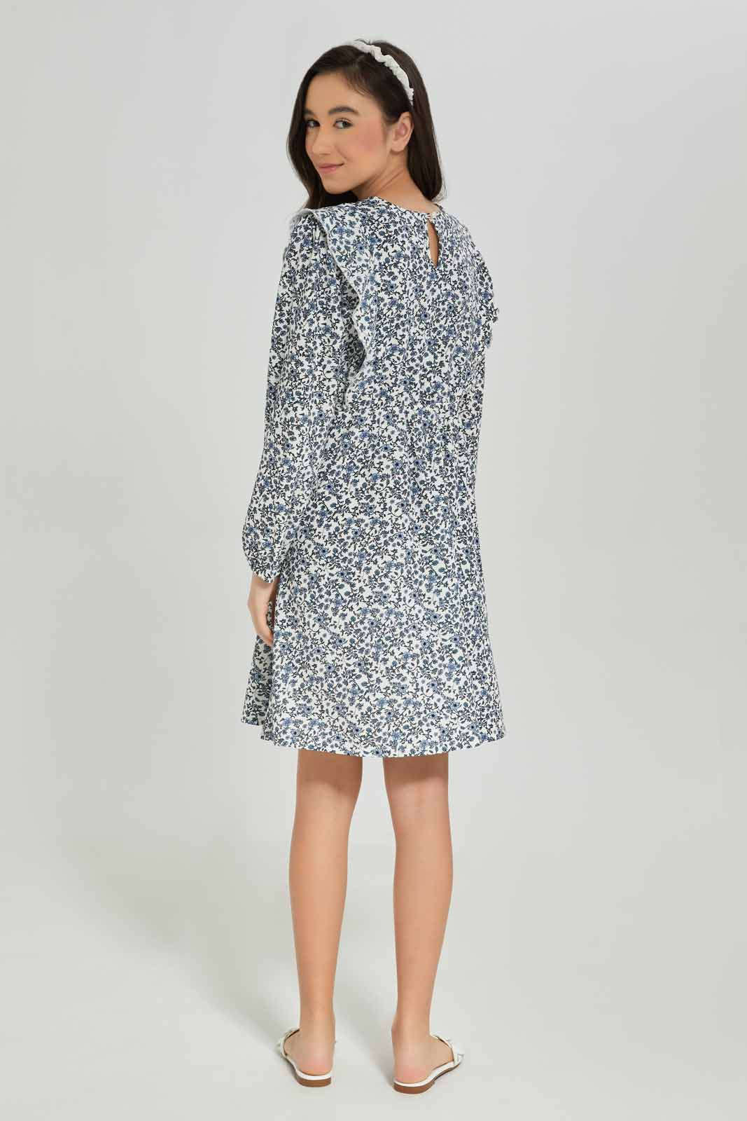 Redtag-Girls-White-L/S-Aop-Dress-Category:Dresses,-Colour:White,-Deals:New-In,-Dept:Girls,-Filter:Senior-Girls-(8-to-14-Yrs),-GSR-Dresses,-New-In-GSR-APL,-Non-Sale,-S23A,-Section:Girls-(0-to-14Yrs),-VLM-Senior-Girls-9 to 14 Years