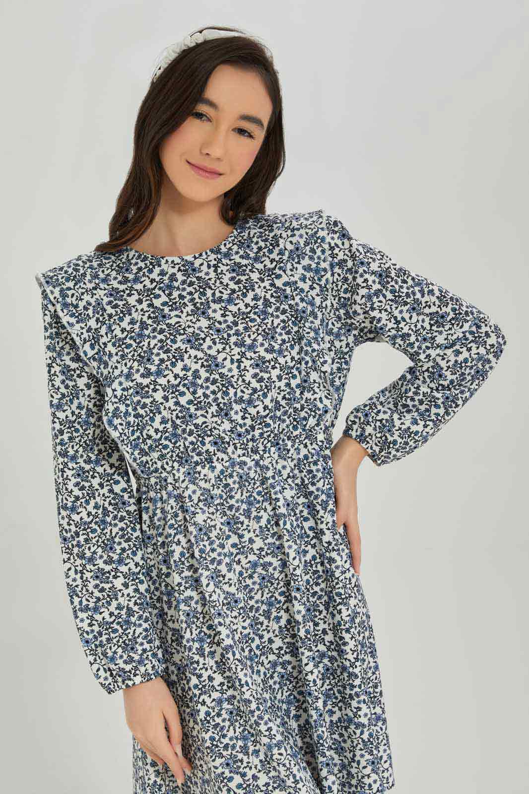 Redtag-Girls-White-L/S-Aop-Dress-Category:Dresses,-Colour:White,-Deals:New-In,-Dept:Girls,-Filter:Senior-Girls-(8-to-14-Yrs),-GSR-Dresses,-New-In-GSR-APL,-Non-Sale,-S23A,-Section:Girls-(0-to-14Yrs),-VLM-Senior-Girls-9 to 14 Years