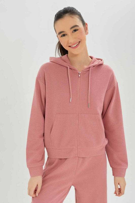 Redtag-Girls-Pink-Hoody-Zipper-Front-Sweatshirts-Category:Sweatshirts,-Colour:Apricot,-Deals:New-In,-Dept:Girls,-Filter:Senior-Girls-(8-to-14-Yrs),-GSR-Sweatshirts,-New-In-GSR-APL,-Non-Sale,-S23A,-Section:Girls-(0-to-14Yrs)-Senior-Girls-9 to 14 Years