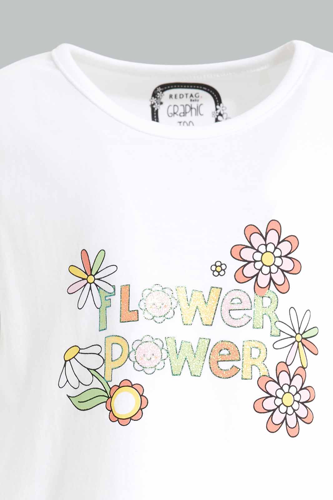 Redtag-Girls-White-Flower-Power-Print-T-Shirt-Category:T-Shirts,-Colour:White,-Deals:New-In,-Dept:Girls,-Filter:Infant-Girls-(3-to-24-Mths),-ING-T-Shirts,-New-In-ING-APL,-Non-Sale,-S23A,-Section:Girls-(0-to-14Yrs),-TBL-Infant-Girls-