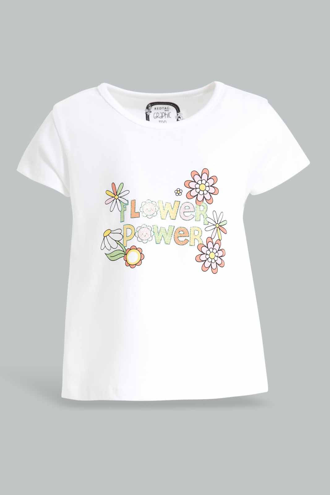 Redtag-Girls-White-Flower-Power-Print-T-Shirt-Category:T-Shirts,-Colour:White,-Deals:New-In,-Dept:Girls,-Filter:Infant-Girls-(3-to-24-Mths),-ING-T-Shirts,-New-In-ING-APL,-Non-Sale,-S23A,-Section:Girls-(0-to-14Yrs),-TBL-Infant-Girls-