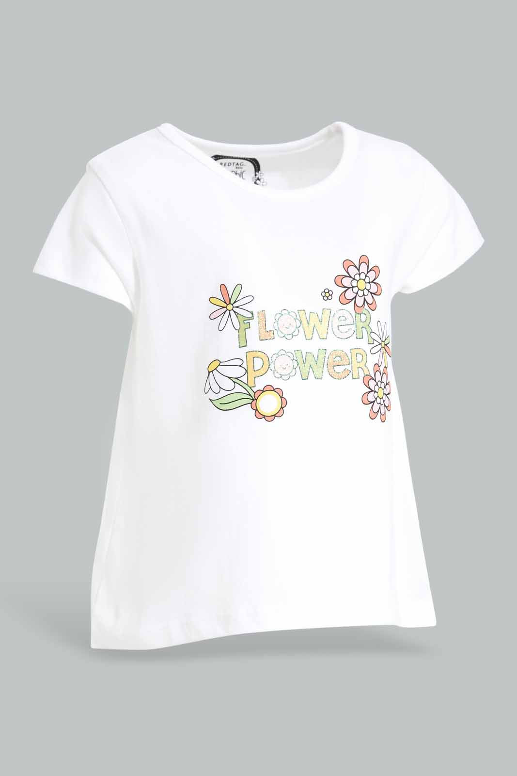Redtag-Girls-White-Flower-Power-Print-T-Shirt-Category:T-Shirts,-Colour:White,-Deals:New-In,-Dept:Girls,-Filter:Infant-Girls-(3-to-24-Mths),-ING-T-Shirts,-New-In-ING-APL,-Non-Sale,-S23A,-Section:Girls-(0-to-14Yrs),-TBL-Infant-Girls-