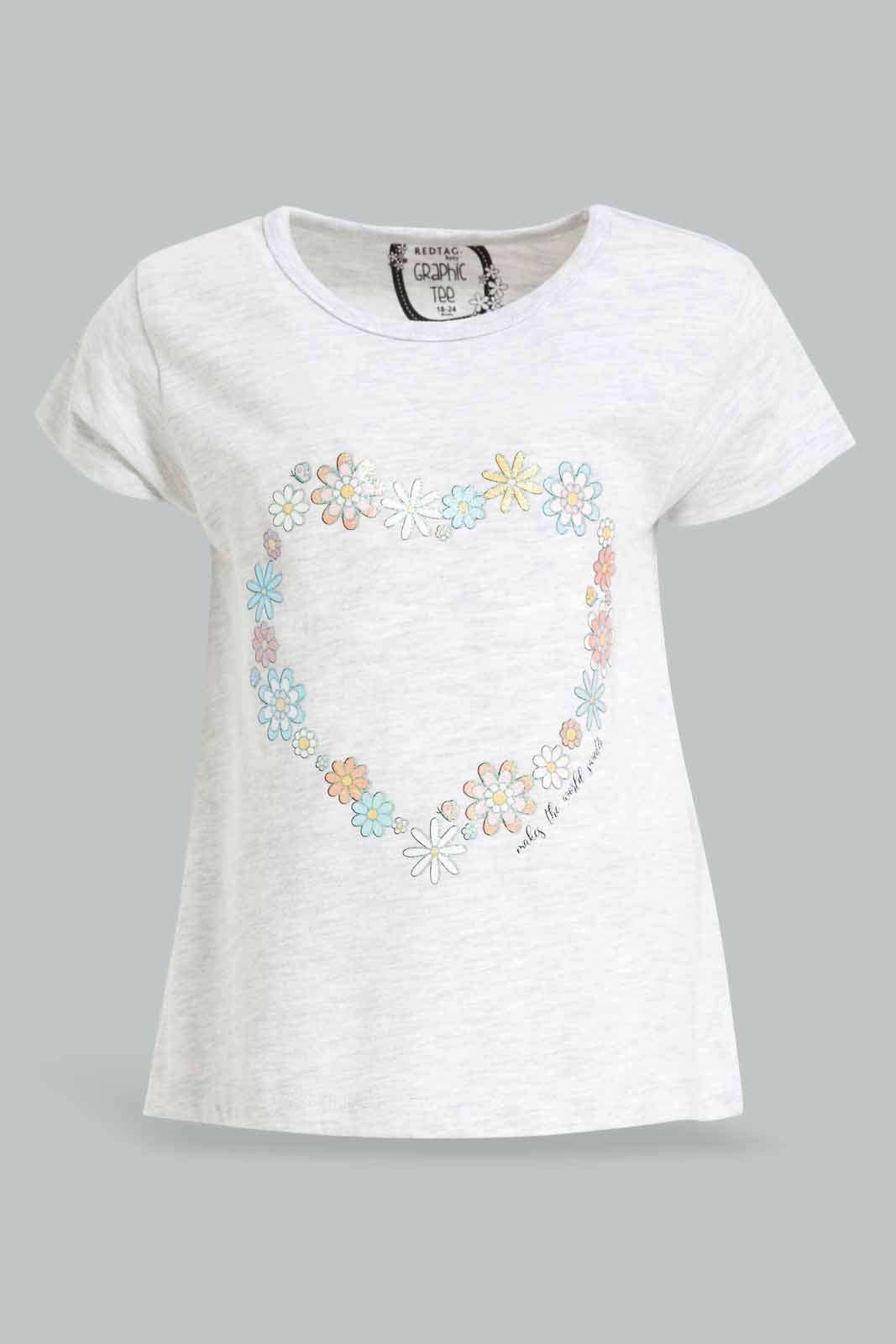 Redtag-Girls-Grey-Melange-Floral-Heart-Print-T-Shirt-Category:T-Shirts,-Colour:Grey,-Deals:New-In,-Dept:Girls,-Filter:Infant-Girls-(3-to-24-Mths),-ING-T-Shirts,-New-In-ING-APL,-Non-Sale,-S23A,-Section:Girls-(0-to-14Yrs),-TBL-Infant-Girls-