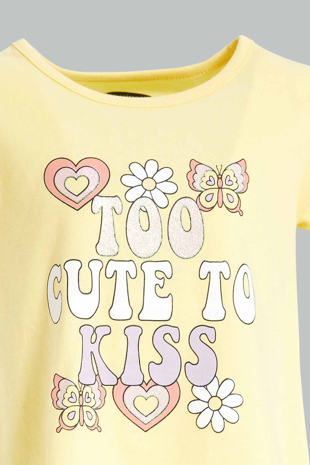 Redtag-Girls-Yellow-Too-Cute-To-Kiss-T-Shirt-Category:T-Shirts,-Colour:Yellow,-Deals:New-In,-Dept:Girls,-Filter:Infant-Girls-(3-to-24-Mths),-ING-T-Shirts,-New-In-ING-APL,-Non-Sale,-S23A,-Section:Girls-(0-to-14Yrs),-TBL-Infant-Girls-