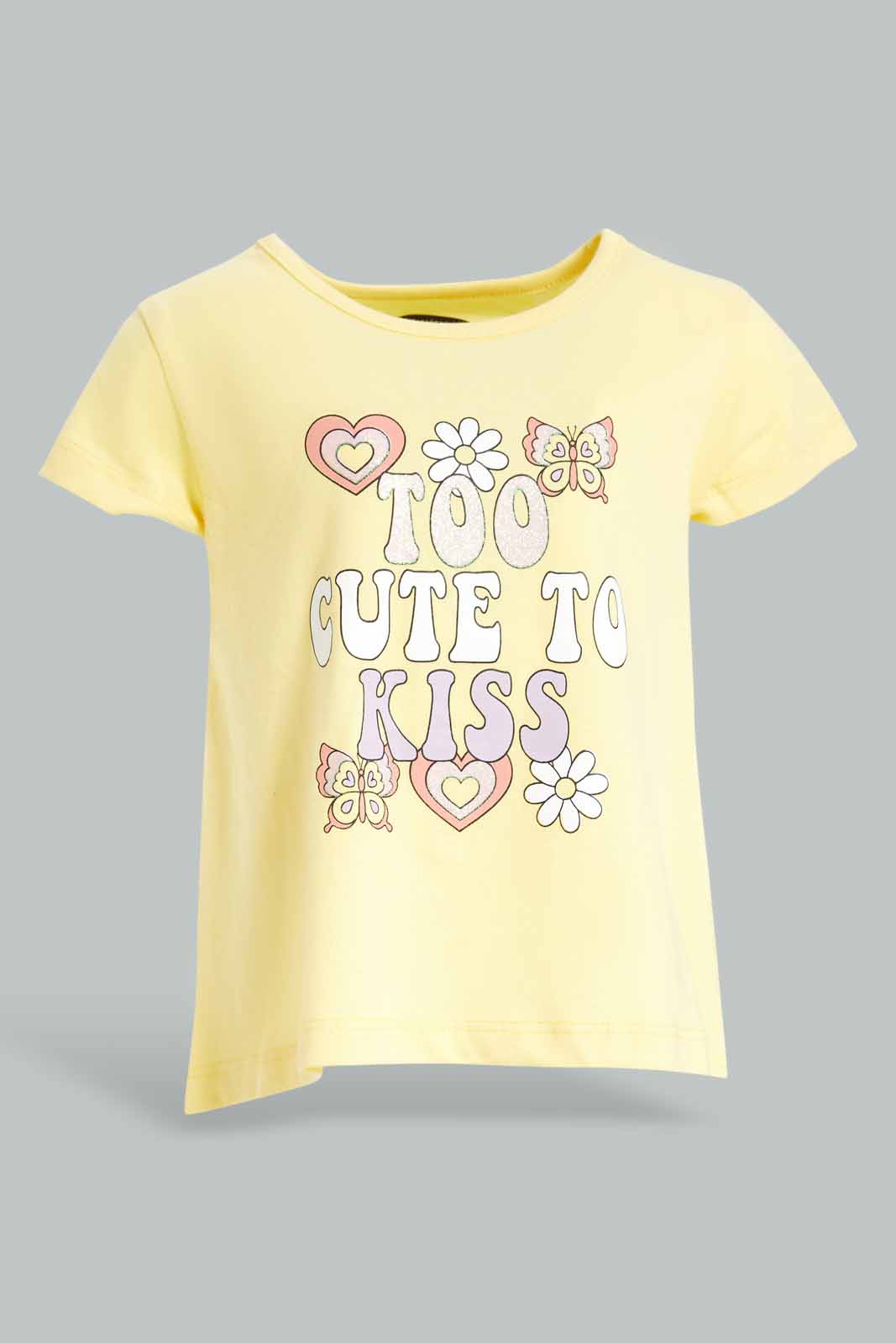 Redtag-Girls-Yellow-Too-Cute-To-Kiss-T-Shirt-Category:T-Shirts,-Colour:Yellow,-Deals:New-In,-Dept:Girls,-Filter:Infant-Girls-(3-to-24-Mths),-ING-T-Shirts,-New-In-ING-APL,-Non-Sale,-S23A,-Section:Girls-(0-to-14Yrs),-TBL-Infant-Girls-