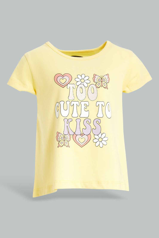 Redtag-Girls-Yellow-Too-Cute-To-Kiss-T-Shirt-Category:T-Shirts,-Colour:Yellow,-Deals:New-In,-Dept:Girls,-Filter:Infant-Girls-(3-to-24-Mths),-ING-T-Shirts,-New-In-ING-APL,-Non-Sale,-S23A,-Section:Girls-(0-to-14Yrs),-TBL-Infant-Girls-