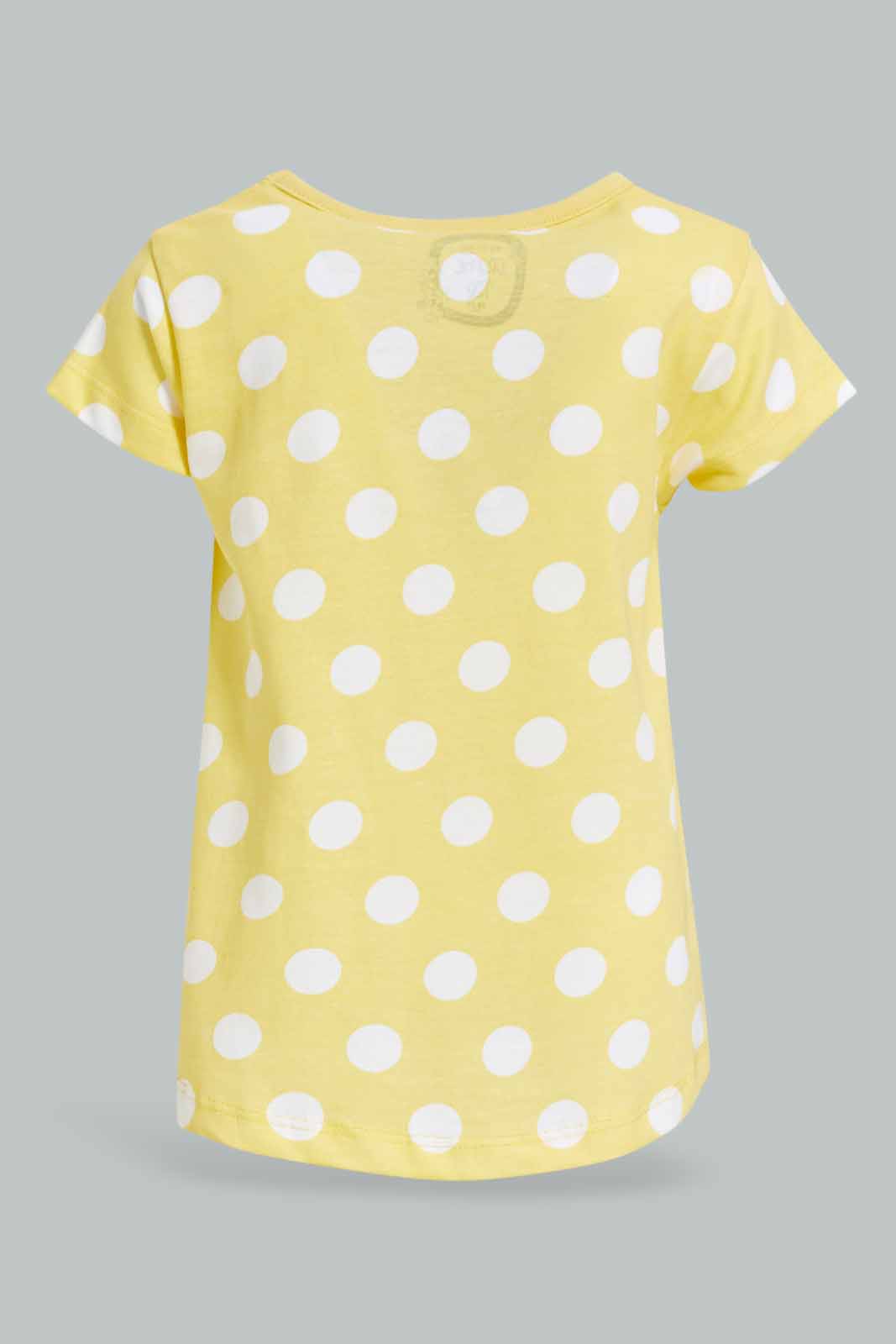 Redtag-Girls-Yellow-Polka-T-Shirt-Category:T-Shirts,-Colour:Yellow,-Deals:New-In,-Dept:Girls,-Filter:Infant-Girls-(3-to-24-Mths),-ING-T-Shirts,-New-In-ING-APL,-Non-Sale,-S23A,-Section:Girls-(0-to-14Yrs),-TBL-Infant-Girls-