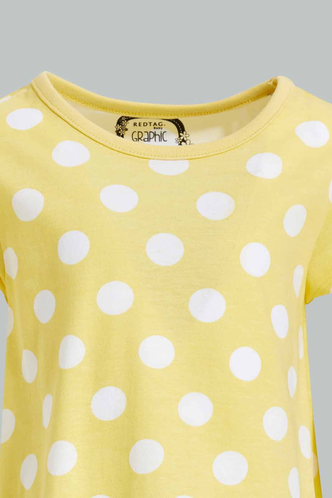 Redtag-Girls-Yellow-Polka-T-Shirt-Category:T-Shirts,-Colour:Yellow,-Deals:New-In,-Dept:Girls,-Filter:Infant-Girls-(3-to-24-Mths),-ING-T-Shirts,-New-In-ING-APL,-Non-Sale,-S23A,-Section:Girls-(0-to-14Yrs),-TBL-Infant-Girls-
