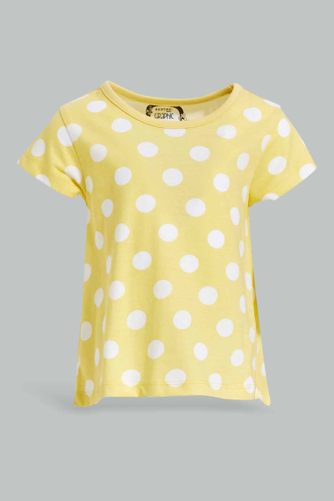Redtag-Girls-Yellow-Polka-T-Shirt-Category:T-Shirts,-Colour:Yellow,-Deals:New-In,-Dept:Girls,-Filter:Infant-Girls-(3-to-24-Mths),-ING-T-Shirts,-New-In-ING-APL,-Non-Sale,-S23A,-Section:Girls-(0-to-14Yrs),-TBL-Infant-Girls-