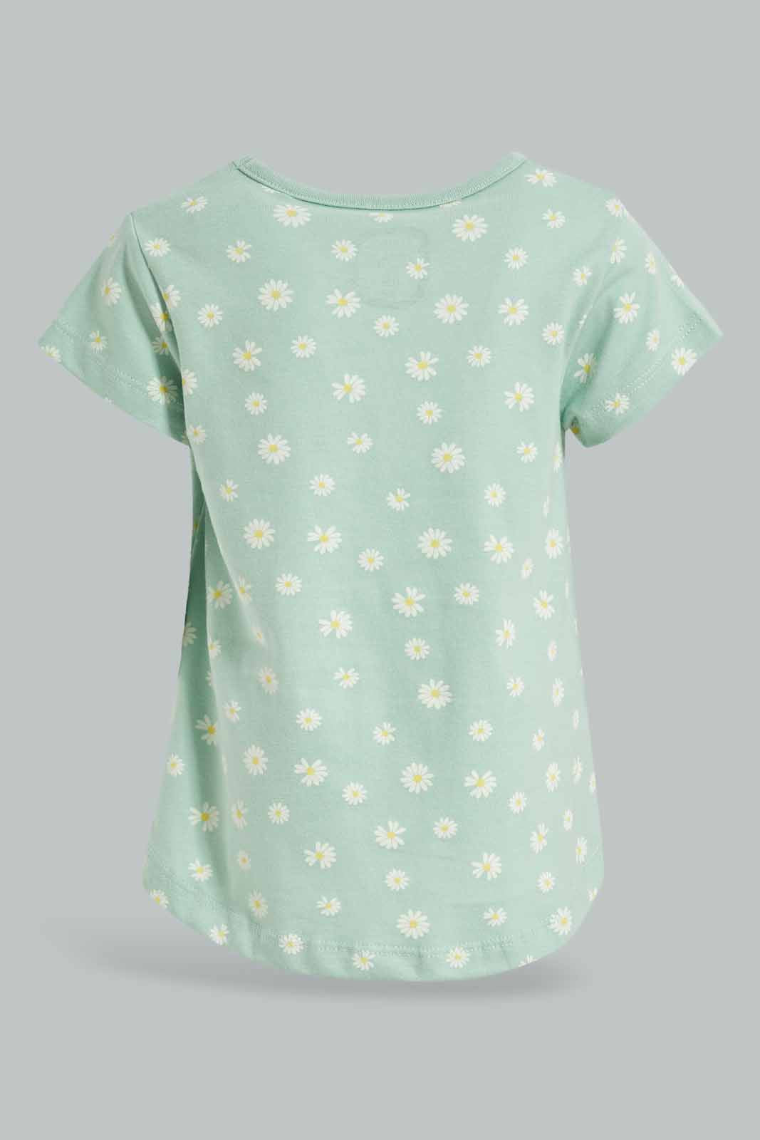 Redtag-Girls-Saga-Flower-All-Over-Print-T-Shirt-Category:T-Shirts,-Colour:Green,-Deals:New-In,-Dept:Girls,-Filter:Infant-Girls-(3-to-24-Mths),-ING-T-Shirts,-New-In-ING-APL,-Non-Sale,-S23A,-Section:Girls-(0-to-14Yrs),-TBL-Infant-Girls-