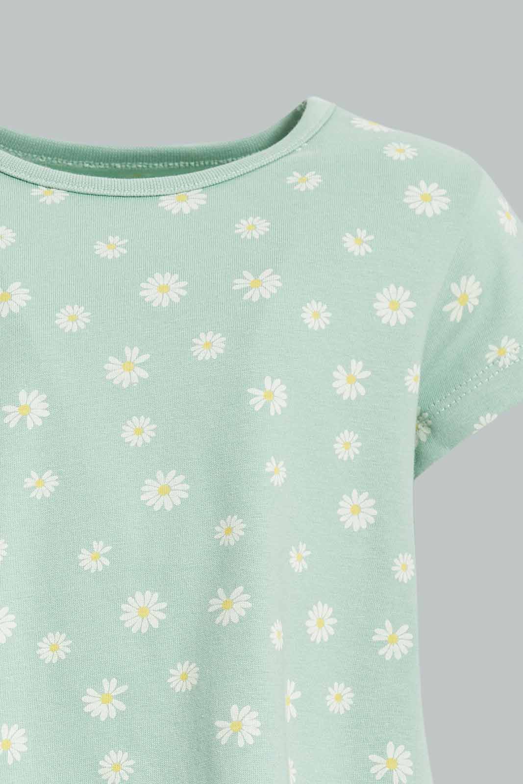 Redtag-Girls-Saga-Flower-All-Over-Print-T-Shirt-Category:T-Shirts,-Colour:Green,-Deals:New-In,-Dept:Girls,-Filter:Infant-Girls-(3-to-24-Mths),-ING-T-Shirts,-New-In-ING-APL,-Non-Sale,-S23A,-Section:Girls-(0-to-14Yrs),-TBL-Infant-Girls-