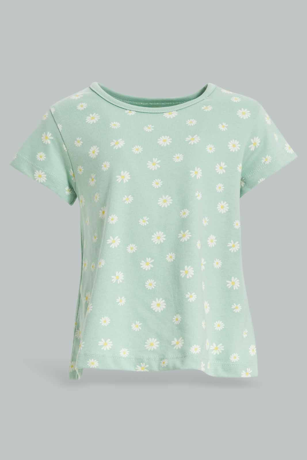 Redtag-Girls-Saga-Flower-All-Over-Print-T-Shirt-Category:T-Shirts,-Colour:Green,-Deals:New-In,-Dept:Girls,-Filter:Infant-Girls-(3-to-24-Mths),-ING-T-Shirts,-New-In-ING-APL,-Non-Sale,-S23A,-Section:Girls-(0-to-14Yrs),-TBL-Infant-Girls-