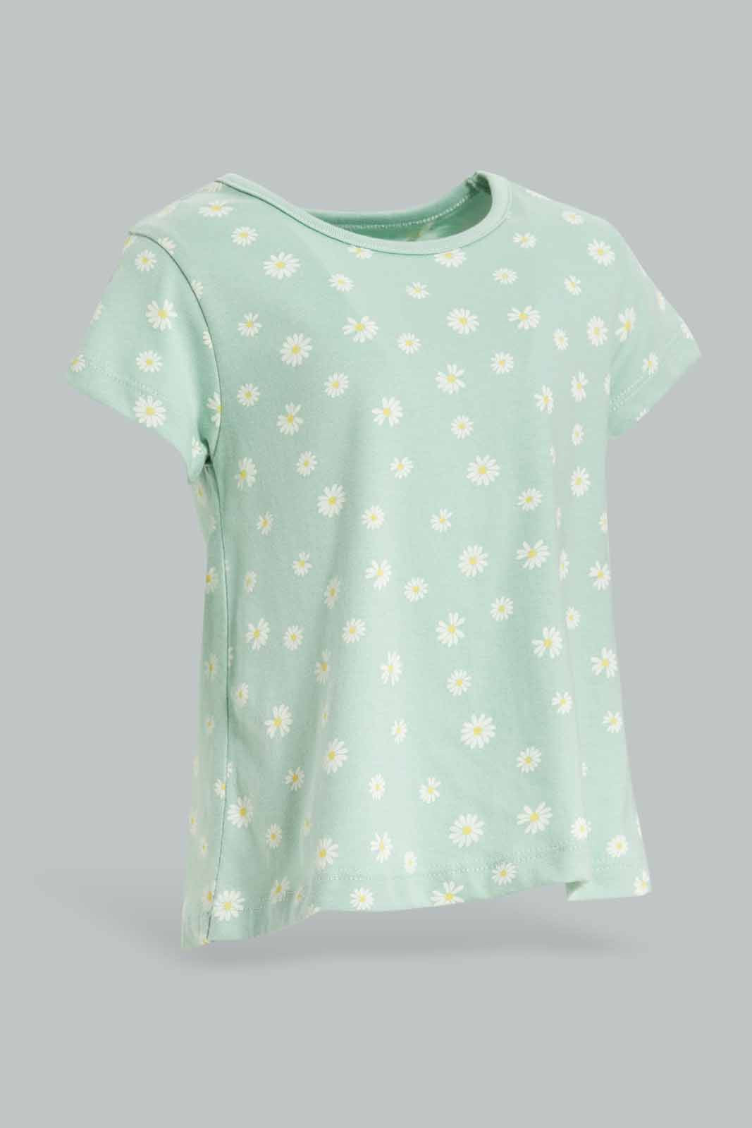 Redtag-Girls-Saga-Flower-All-Over-Print-T-Shirt-Category:T-Shirts,-Colour:Green,-Deals:New-In,-Dept:Girls,-Filter:Infant-Girls-(3-to-24-Mths),-ING-T-Shirts,-New-In-ING-APL,-Non-Sale,-S23A,-Section:Girls-(0-to-14Yrs),-TBL-Infant-Girls-