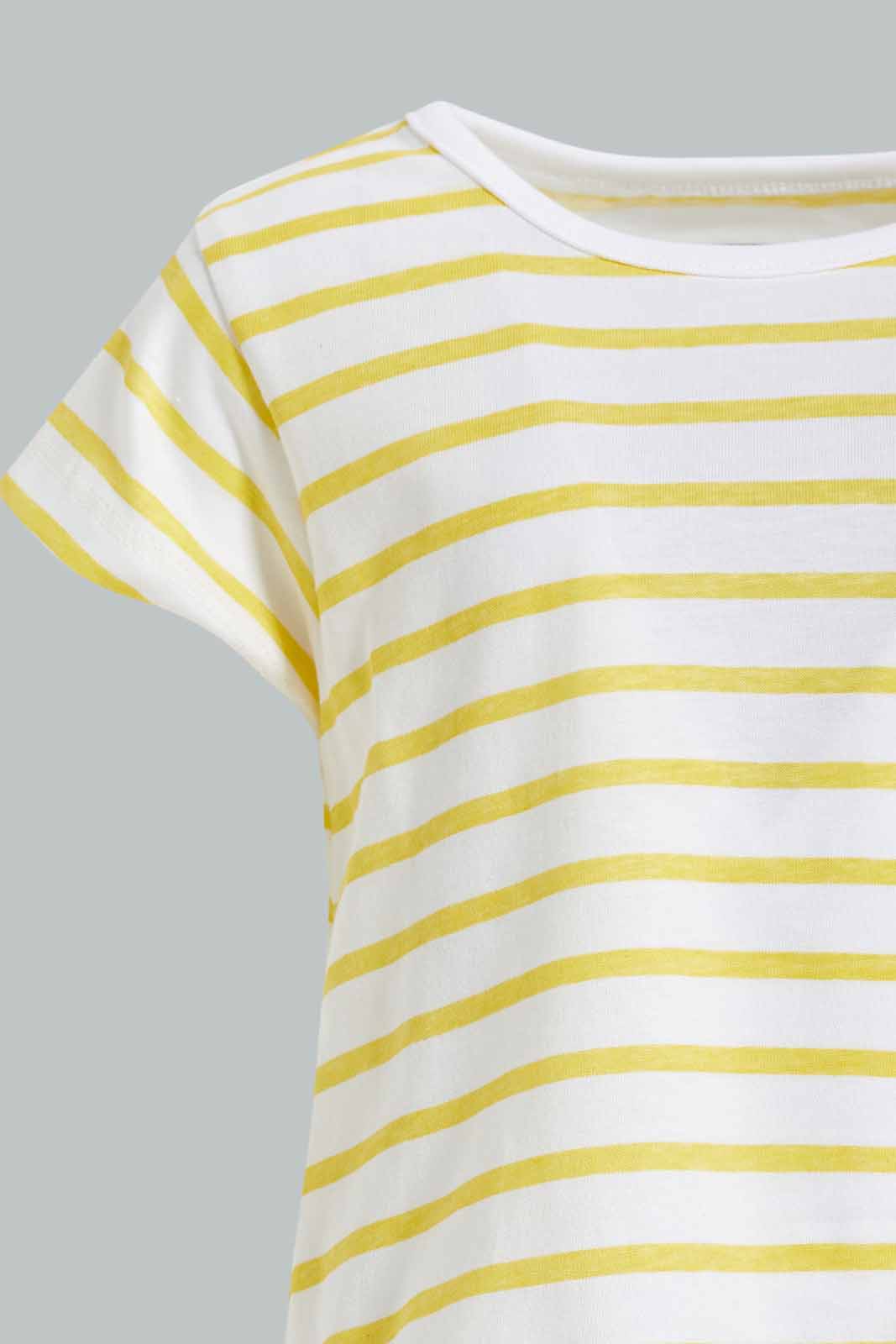 Redtag-Girls-Yellow-Stripes-T-Shirt-Category:T-Shirts,-Colour:Yellow,-Deals:New-In,-Dept:Girls,-Filter:Infant-Girls-(3-to-24-Mths),-ING-T-Shirts,-New-In-ING-APL,-Non-Sale,-S23A,-Section:Girls-(0-to-14Yrs),-TBL-Infant-Girls-