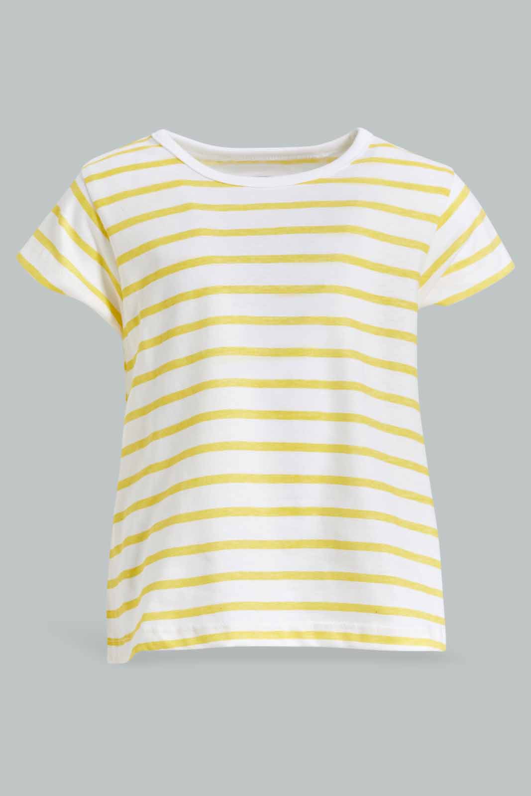 Redtag-Girls-Yellow-Stripes-T-Shirt-Category:T-Shirts,-Colour:Yellow,-Deals:New-In,-Dept:Girls,-Filter:Infant-Girls-(3-to-24-Mths),-ING-T-Shirts,-New-In-ING-APL,-Non-Sale,-S23A,-Section:Girls-(0-to-14Yrs),-TBL-Infant-Girls-