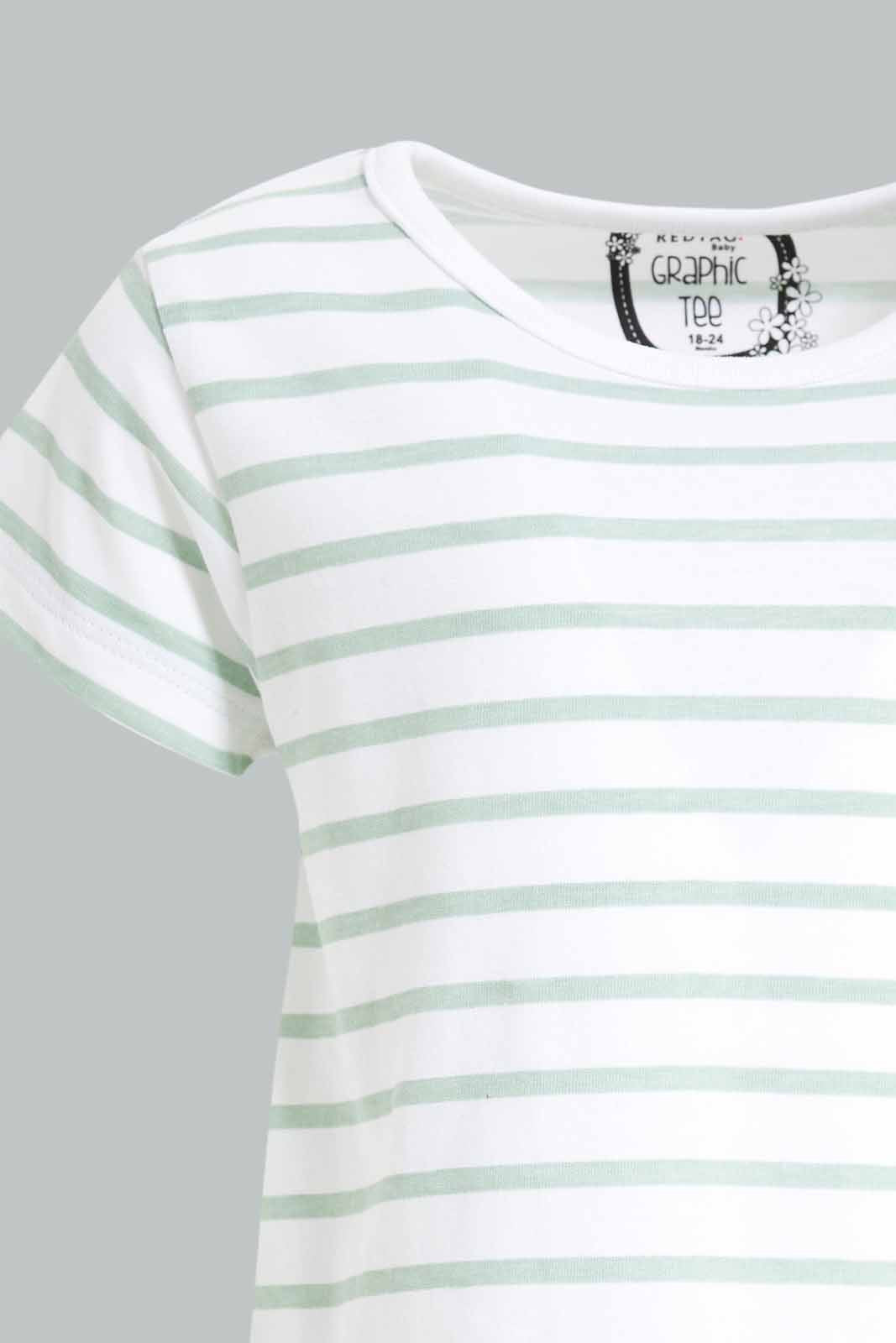 Redtag-Girls-Saga-Stripes-T-Shirt-Category:T-Shirts,-Colour:Green,-Deals:New-In,-Dept:Girls,-Filter:Infant-Girls-(3-to-24-Mths),-ING-T-Shirts,-New-In-ING-APL,-Non-Sale,-S23A,-Section:Girls-(0-to-14Yrs),-TBL-Infant-Girls-
