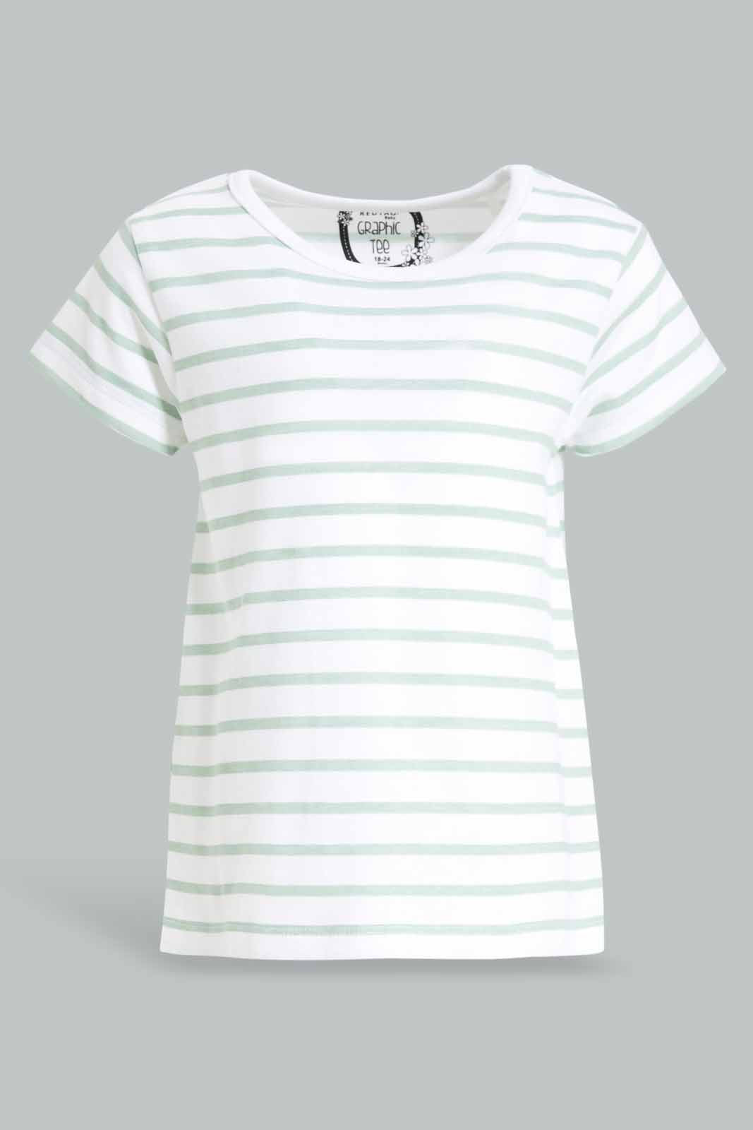 Redtag-Girls-Saga-Stripes-T-Shirt-Category:T-Shirts,-Colour:Green,-Deals:New-In,-Dept:Girls,-Filter:Infant-Girls-(3-to-24-Mths),-ING-T-Shirts,-New-In-ING-APL,-Non-Sale,-S23A,-Section:Girls-(0-to-14Yrs),-TBL-Infant-Girls-
