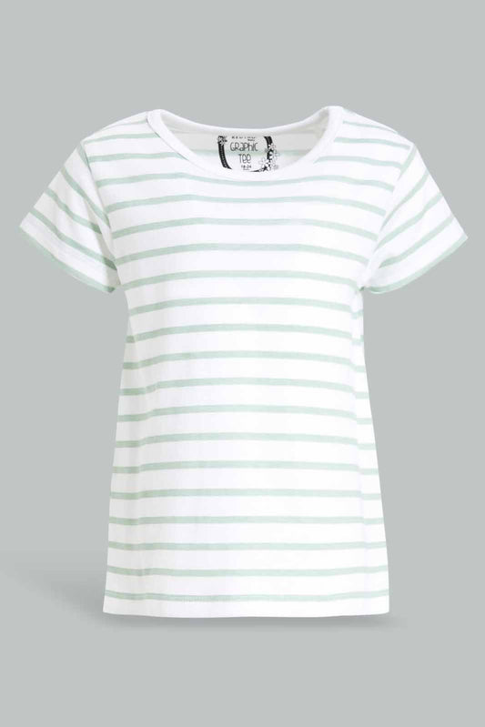 Redtag-Girls-Saga-Stripes-T-Shirt-Category:T-Shirts,-Colour:Green,-Deals:New-In,-Dept:Girls,-Filter:Infant-Girls-(3-to-24-Mths),-ING-T-Shirts,-New-In-ING-APL,-Non-Sale,-S23A,-Section:Girls-(0-to-14Yrs),-TBL-Infant-Girls-