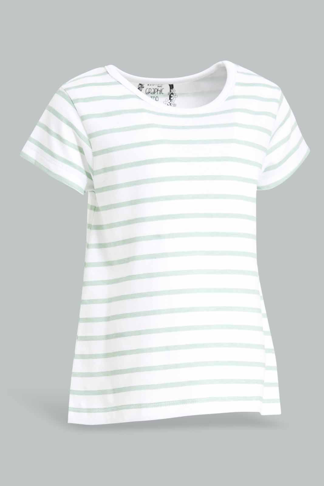 Redtag-Girls-Saga-Stripes-T-Shirt-Category:T-Shirts,-Colour:Green,-Deals:New-In,-Dept:Girls,-Filter:Infant-Girls-(3-to-24-Mths),-ING-T-Shirts,-New-In-ING-APL,-Non-Sale,-S23A,-Section:Girls-(0-to-14Yrs),-TBL-Infant-Girls-