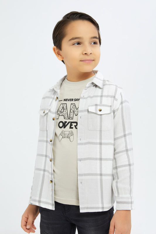 Redtag-Boys-White-Check-Twill-Shacket-With-T-Shirt-BOY-Shirts,-Category:Shirts,-Colour:White,-Deals:New-In,-Dept:Boys,-Filter:Boys-(2-to-8-Yrs),-H1:KWR,-H2:BOY,-H3:SHI,-H4:CSH,-New-In-BOY-APL,-Non-Sale,-S23A,-Season:S23A,-Section:Boys-(0-to-14Yrs)-Boys-2 to 8 Years
