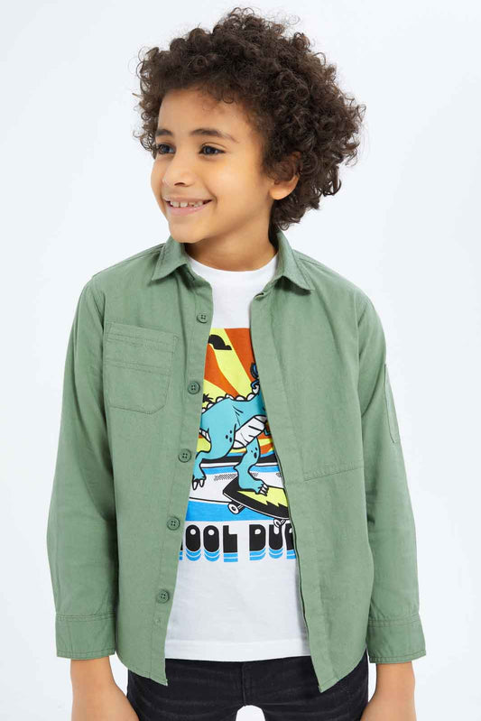 Redtag-Boys-Green-Shacket-And-Printed-T-Shirt-Set-BOY-Shirts,-Category:Shirts,-Colour:Green,-Deals:New-In,-Dept:Boys,-Filter:Boys-(2-to-8-Yrs),-New-In-BOY-APL,-Non-Sale,-S23A,-Section:Boys-(0-to-14Yrs)-Boys-2 to 8 Years