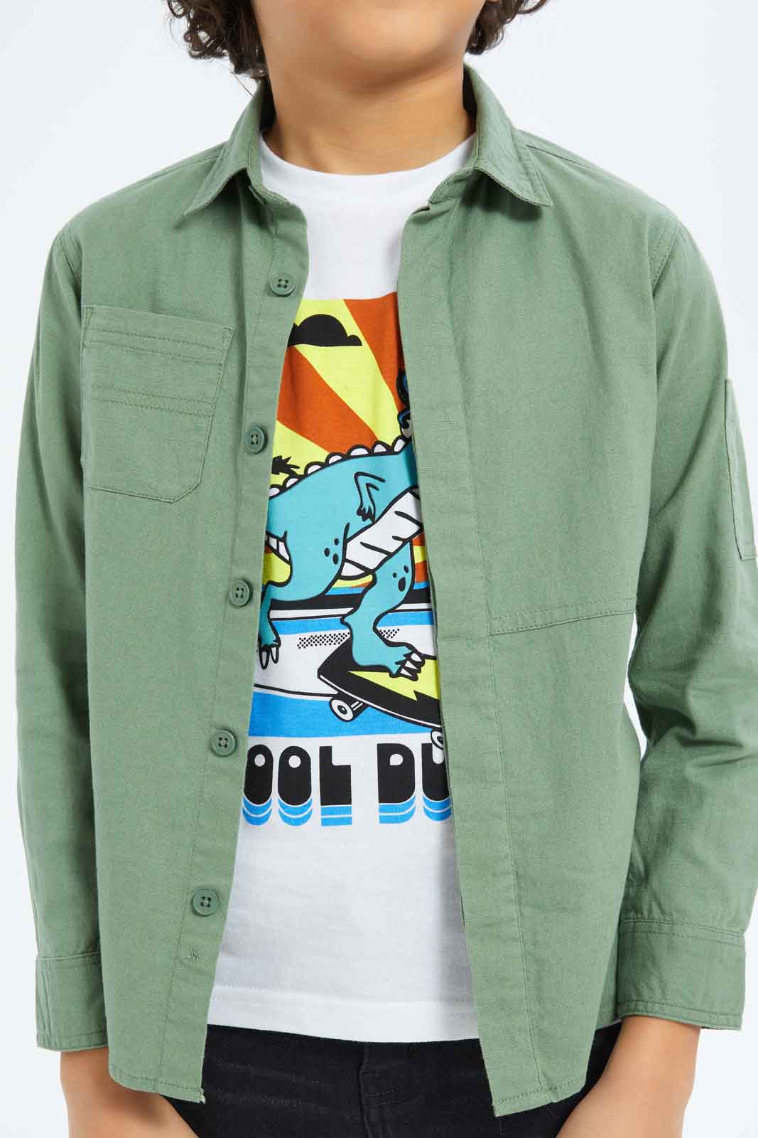 Redtag-Boys-Green-Shacket-And-Printed-T-Shirt-Set-BOY-Shirts,-Category:Shirts,-Colour:Green,-Deals:New-In,-Dept:Boys,-Filter:Boys-(2-to-8-Yrs),-New-In-BOY-APL,-Non-Sale,-S23A,-Section:Boys-(0-to-14Yrs)-Boys-2 to 8 Years
