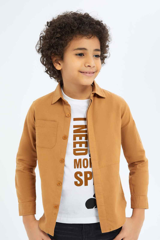 Redtag-Boys-Beige-Shacket-And-Printed-T-Shirt-Set-BOY-Shirts,-Category:Shirts,-Colour:Beige,-Deals:New-In,-Dept:Boys,-Filter:Boys-(2-to-8-Yrs),-New-In-BOY-APL,-Non-Sale,-S23A,-Section:Boys-(0-to-14Yrs)-Boys-2 to 8 Years