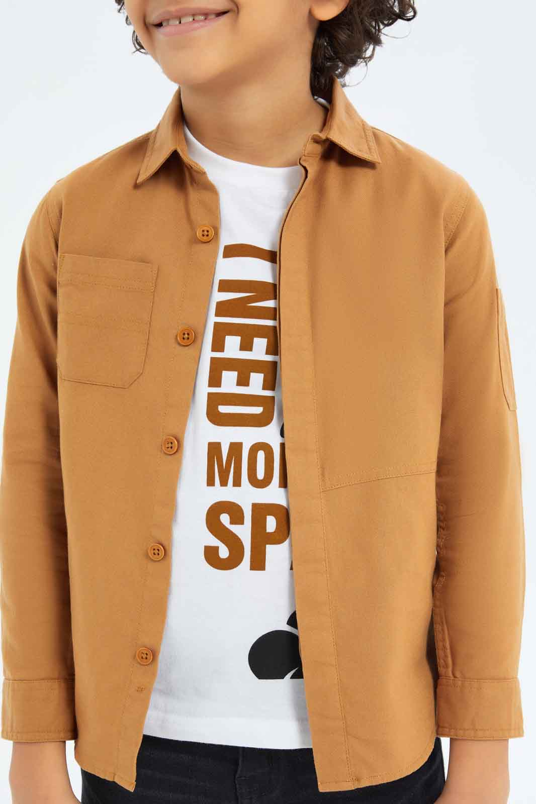 Redtag-Boys-Beige-Shacket-And-Printed-T-Shirt-Set-BOY-Shirts,-Category:Shirts,-Colour:Beige,-Deals:New-In,-Dept:Boys,-Filter:Boys-(2-to-8-Yrs),-New-In-BOY-APL,-Non-Sale,-S23A,-Section:Boys-(0-to-14Yrs)-Boys-2 to 8 Years
