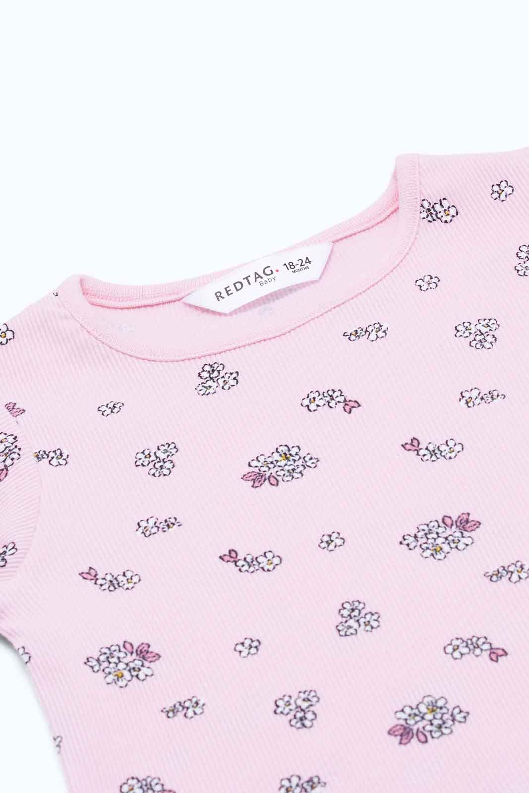 Redtag-Girls-Pink-Ribbed-Aop-T-Shirt-Category:T-Shirts,-Colour:Apricot,-Deals:New-In,-Dept:Girls,-Filter:Infant-Girls-(3-to-24-Mths),-ING-T-Shirts,-New-In-ING-APL,-Non-Sale,-S23B,-Section:Girls-(0-to-14Yrs)-Infant-Girls-3 to 24 Months
