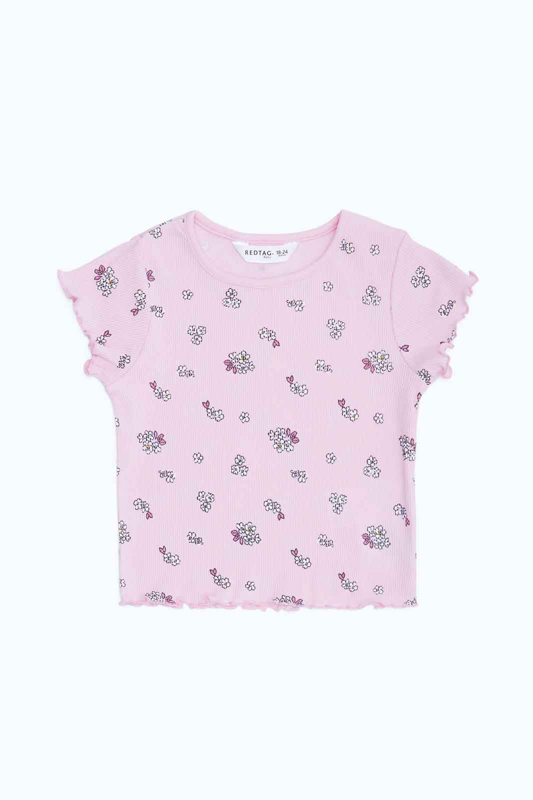 Redtag-Girls-Pink-Ribbed-Aop-T-Shirt-Category:T-Shirts,-Colour:Apricot,-Deals:New-In,-Dept:Girls,-Filter:Infant-Girls-(3-to-24-Mths),-ING-T-Shirts,-New-In-ING-APL,-Non-Sale,-S23B,-Section:Girls-(0-to-14Yrs)-Infant-Girls-3 to 24 Months