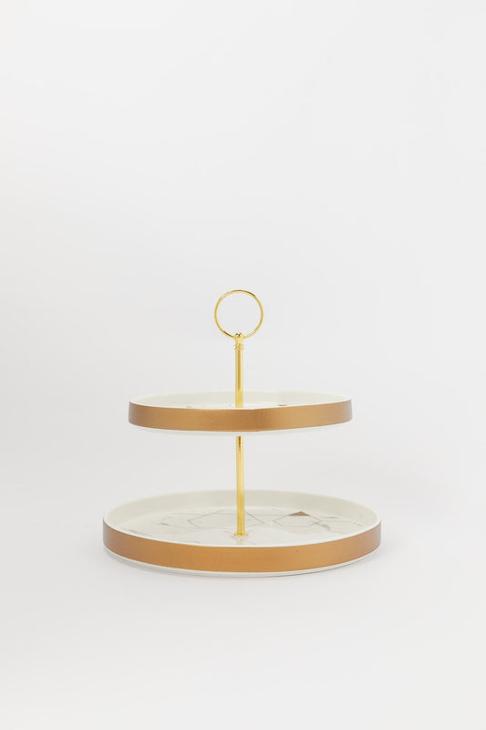 Redtag-Gold-2-Tier-Cake-Stand-With-Marble-Finish-Category:2-Tier-Stand,-Colour:Gold,-Deals:New-In,-Dept:Home,-Filter:Home-Dining,-H1:HMW,-H2:DIN,-H3:SEW,-H4:SSI,-HMW-DIN-Serveware,-New-In-HMW-DIN,-Non-Sale,-S23B,-Season:S23B,-Section:Homewares-Home-Dining-