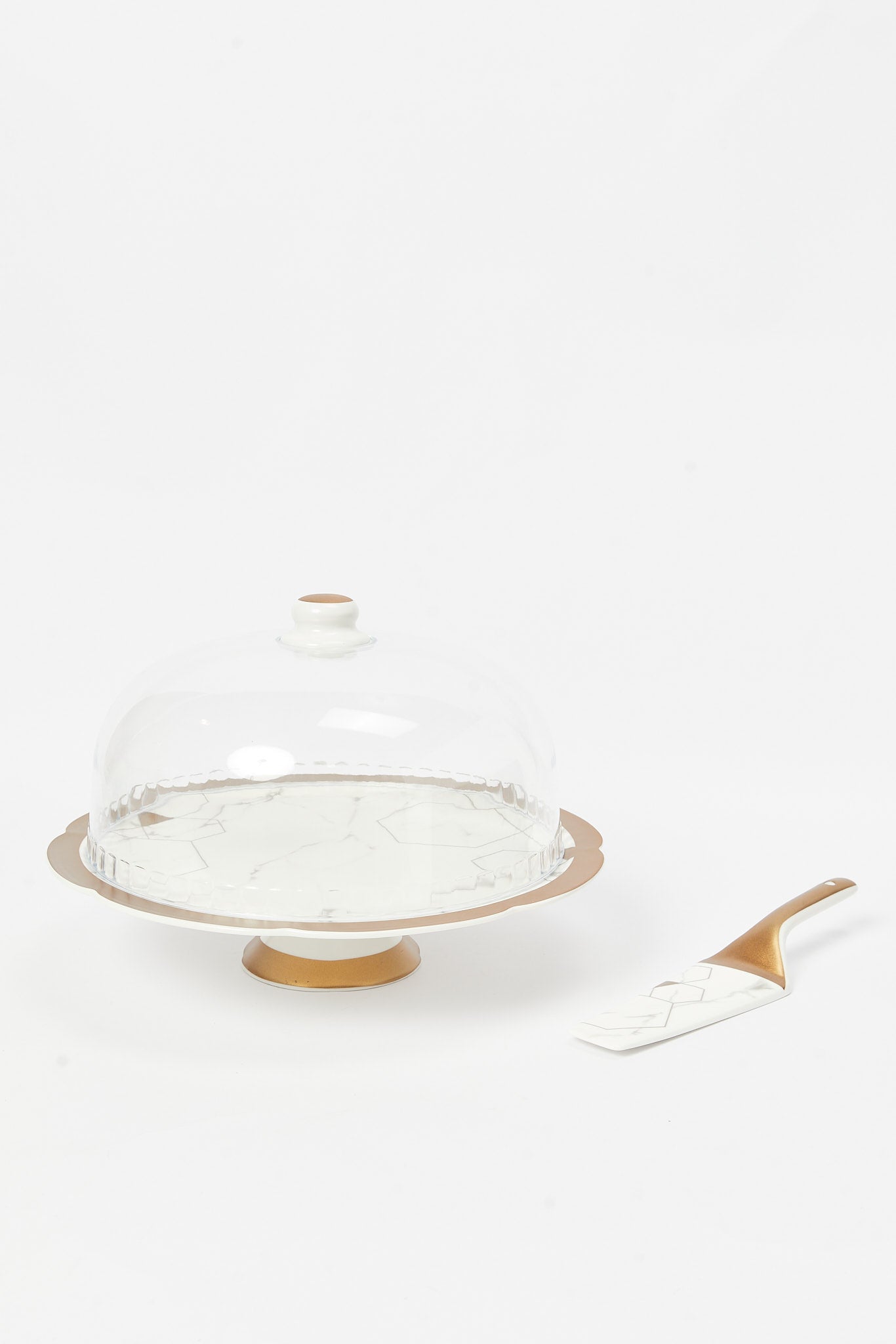 Redtag-Gold-Cake-Stand-With-Plastic-Dome-And-Server-Marble-Finish-Category:Bakeware,-Colour:Gold,-Deals:New-In,-Dept:Home,-Filter:Home-Dining,-HMW-DIN-Serveware,-New-In-HMW-DIN,-Non-Sale,-S23B,-Section:Homewares-Home-Dining-