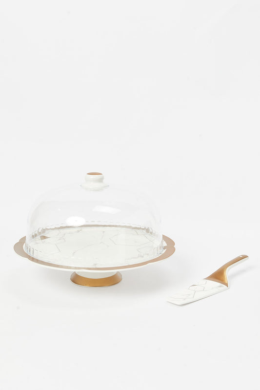 Redtag-Gold-Cake-Stand-With-Plastic-Dome-And-Server-Marble-Finish-Category:Bakeware,-Colour:Gold,-Deals:New-In,-Dept:Home,-Filter:Home-Dining,-HMW-DIN-Serveware,-New-In-HMW-DIN,-Non-Sale,-S23B,-Section:Homewares-Home-Dining-