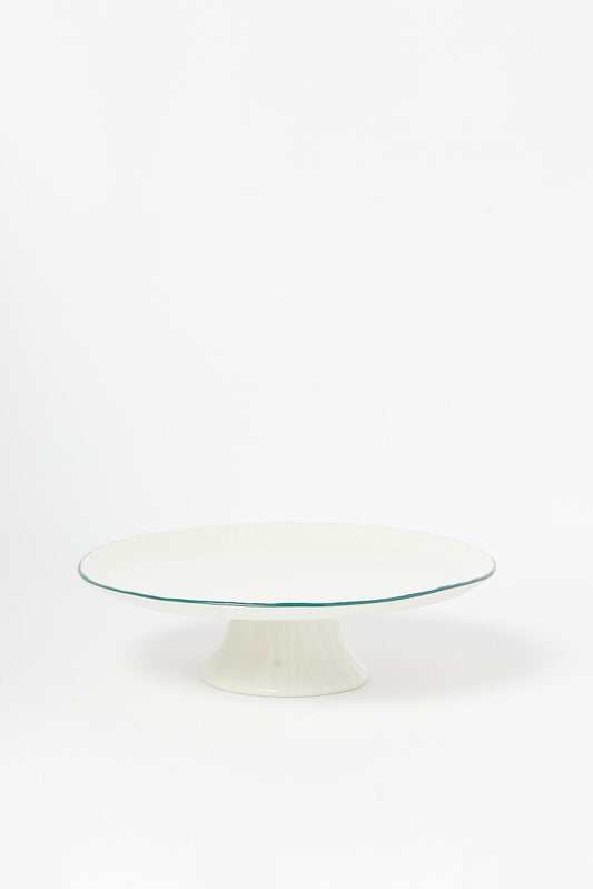 Redtag-White-Porcelain-Embossed-Cake-Plate-With-Teal-Border-Category:Servewares,-Colour:White,-Deals:New-In,-Dept:Home,-Filter:Home-Dining,-H1:HMW,-H2:DIN,-H3:SEW,-H4:SSI,-HMW-DIN-Serveware,-New-In-HMW-DIN,-Non-Sale,-S23B,-Season:S23B,-Section:Homewares-Home-Dining-
